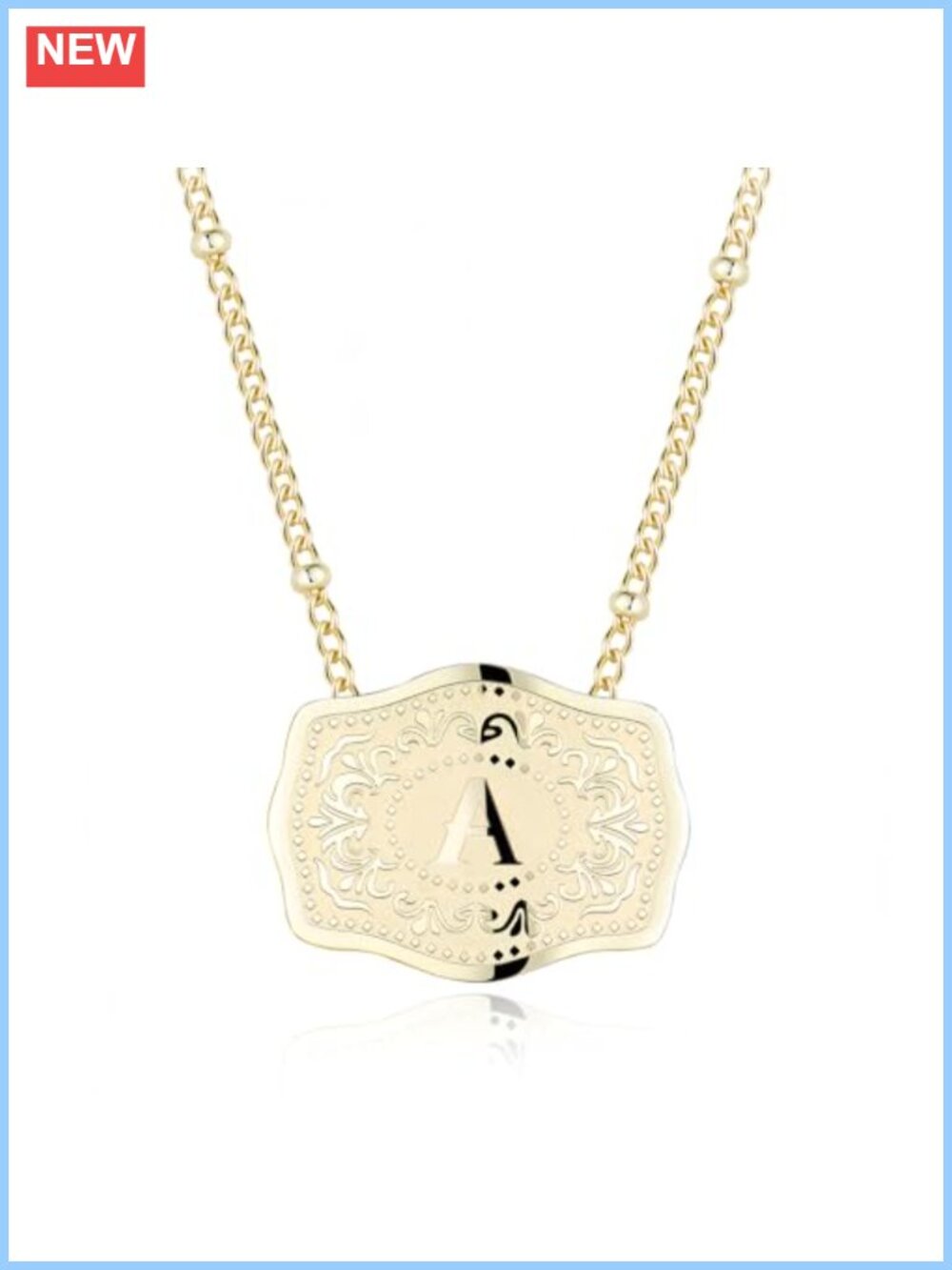 14K Gold-Plated Initial Necklace Western Belt Buckle Pendant 2 Chains Cowgirl
